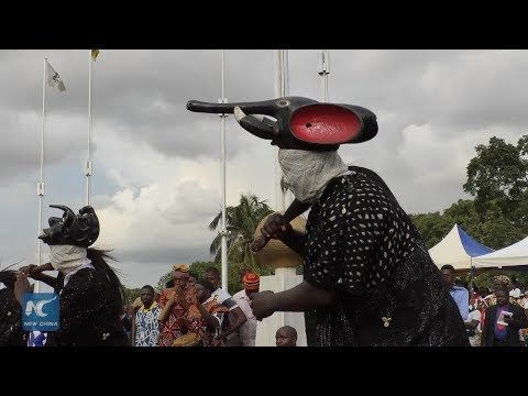Traditional dancers performing during a cultural celebration in Cameroon